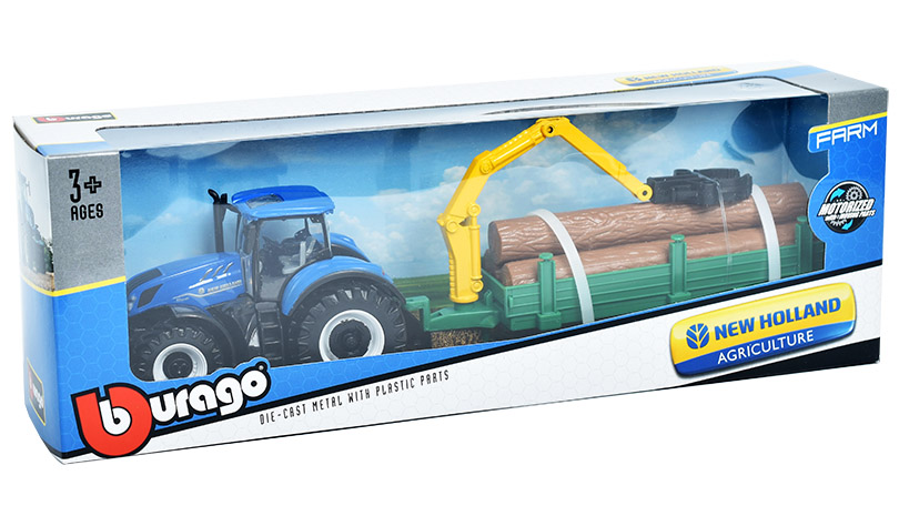 New Holland T7.315 HD Traktor s přívěsem na přepravu dřeva 1:50 - Bburago