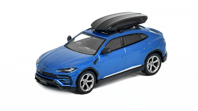 Lamborghini Urus se střešním boxem RHD modrá 1:64 - MiniGT