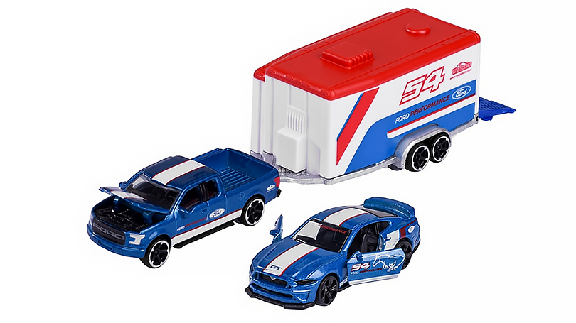 Ford F-150 Raptor + přivěs + Ford Mustang GT #54 - Sada 1:64 - Majorette